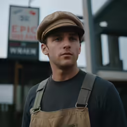 a man in overalls and hat with a sign for an optic shop