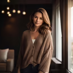 a woman is posing by the window with a brown cardigan
