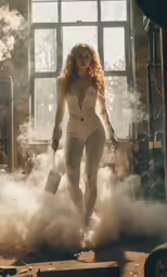 woman in steam - filled outfit, holding a container