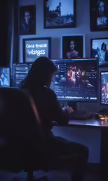 a man sitting in front of a computer monitor with multiple monitors