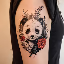 a tattoo design with a panda bear and flowers