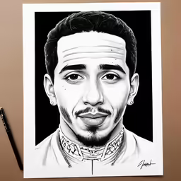 an art work on paper with a pencil drawing of a man