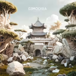 a digital illustration of rocks and tree covered buildings