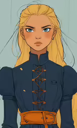 a woman with blonde hair and blue clothes