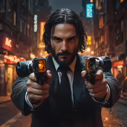 man holding two pistols in the middle of the night