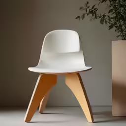 white, plastic, and wooden chair with flower pot in the background