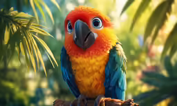 colorful bird sitting on tree limb with palm tree background