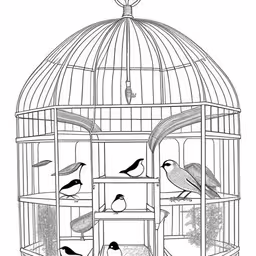 a birdcage full of birds in black and white,a large bird in a cage with many birds inside