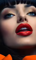 a woman wearing lipstick and a hair with a large amount of red and yellow make up