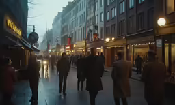 people walking down a city street at dusk