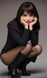 an attractive woman in black is posing for a picture