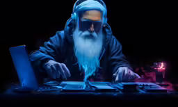 man wearing blue lightshade using a computer keyboard