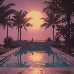 a person on a bench overlooking a pool at night