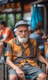 an old man with a long beard sitting in a chair in the shade