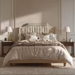 a white bedroom with a bed with pillows and beige bedspread