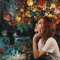 a woman is sitting at a table looking up at the sky