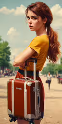 a woman in a short skirt holding a suitcase,a woman is holding a suitcase while standing outdoors