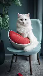 a white fluffy cat sitting on top of a pillow