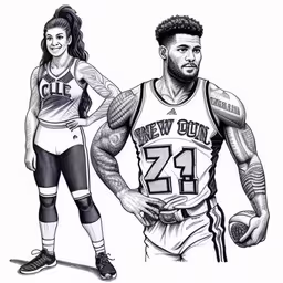 the couple basketball player, and the new player,the new jersey of basketball player is featured in this drawing by person,a black and white drawing of a man and woman,two basketball players drawn in pencil by themselves,a black and white drawing of two basketball players