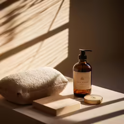 a table with some bottles and soap