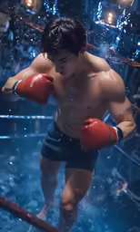 man in boxers and boxing gloves is under water