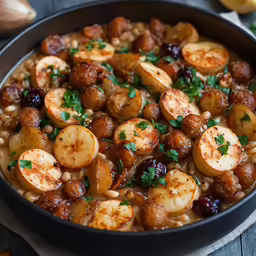 a dish with beans, sausage, and other vegetables
