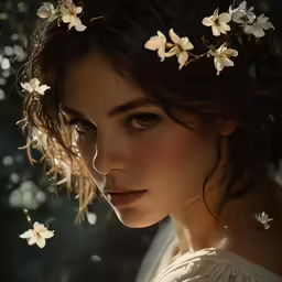a woman wearing flowers on her head and with white flowers in her hair