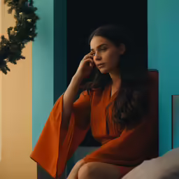 the woman in orange is looking outside of the window