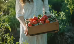 the woman is holding a crate of tomatoes