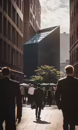 three people walking in opposite directions of each other through city streets