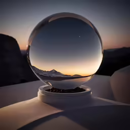 a glass ball sitting on top of a white table