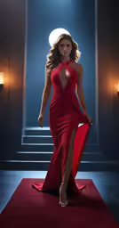 a woman in red gown walking across a dark room