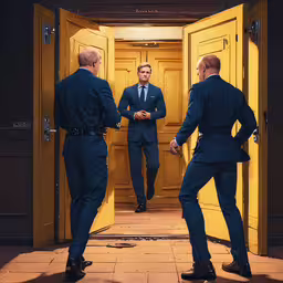 three men dressed in suits walk out of a yellow door,three well dressed men are entering an office building