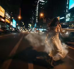 a woman walking down the road in the middle of traffic
