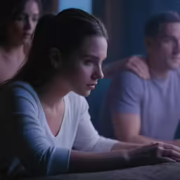 two people sitting and looking down at something in the dark