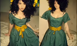 a woman with black hair wearing a green dress