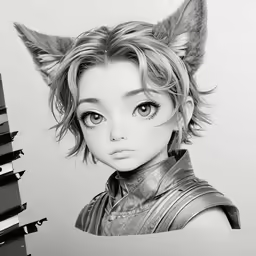 a girl in black and white with a cat haircut