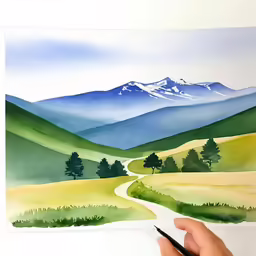 someone is drawing a landscape that has mountains and trees