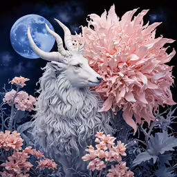 a stagmoise with a large flower in its head is against the backdrop of pink and white flowers