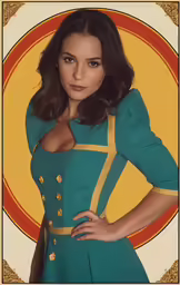 a woman is in a green dress with yellow trims