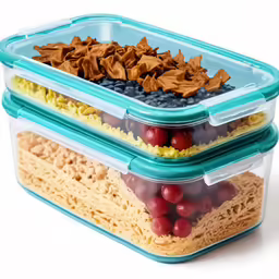 three plastic containers with food sitting on top of each other