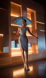 a woman in a dress is holding an umbrella