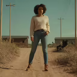 a woman stands in the middle of an empty road wearing a sweater and jeans