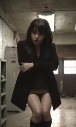 a woman is posing on the floor in high boots