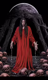 the woman in red is walking through the bones of skulls