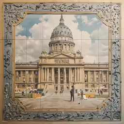a picture of a building that is painted on the wall