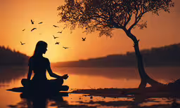 the person is meditating near a large tree,a woman meditating in the evening while birds fly overhead