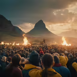 a crowd of people standing in front of a mountain