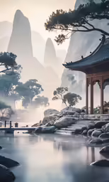 a pavilion and some mountains are in the background