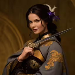 a beautiful woman holding two sword in front of her face